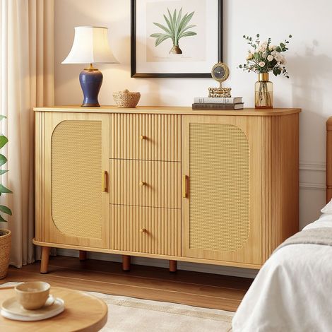 Buffet arrondi 2 portes en rotin + 3 tiroirs 140x40x80 cm effet chêne (1/5)
