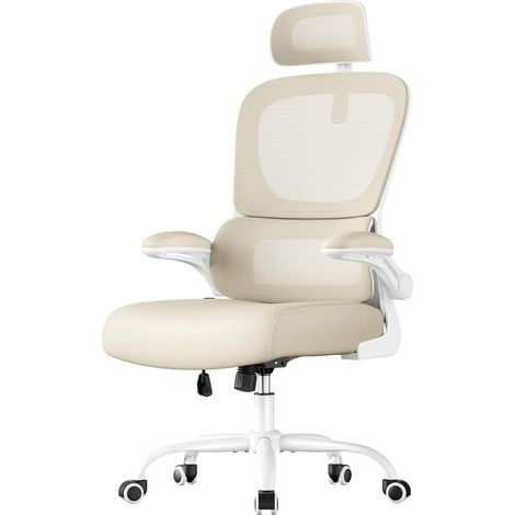 SONGMICS Sedia Ergonomica da Ufficio, Sedia Computer, Tessuto Rete a Doppio Strato, Braccioli Sollevabili, Supporto Lombare Adattabile, Poggiatesta Regolabile, per Studio, Beige Sabbia OBN041L01 (1/5)