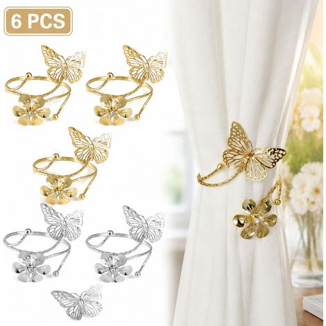Lot de 6 attaches-rideaux papillons : support métallique fleurs, 3 or et 3 argent pour décoration de rideaux de fenêtre. (1/5)
