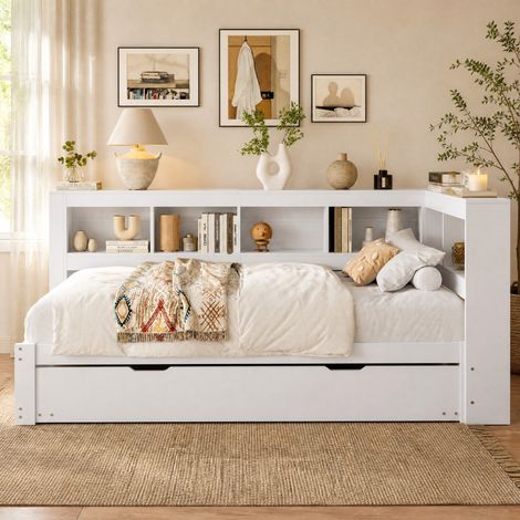 Sofá cama individual 90x200 cm con cama nido extraíble, enchufe y 2 USB, blanco, en madera de pino y MDF, ideal para dormitorios pequeños - CHICFURN (1/5)