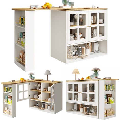 Meuble de bar pivotant 360°, simple et moderne, multifonctionnel, adapté à la chambre, au salon et à la salle à manger, avec étagère à snacks, 5 étagères, meuble pivotant avec étagères et verre, blanc (1/5)