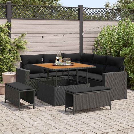 Salon de Jardin Modulable 9 pcs en Polyrotin Noir avec Coffre de Rangement et Coussins - PANGIVO (1/5)