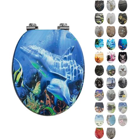 Abattant de WC avec système d'abaissement automatique - Forme ovale - Facile à nettoyer - Abattant amovible - Charge maximale de 150 kg - Montage facile - Motif dauphins (1/5)