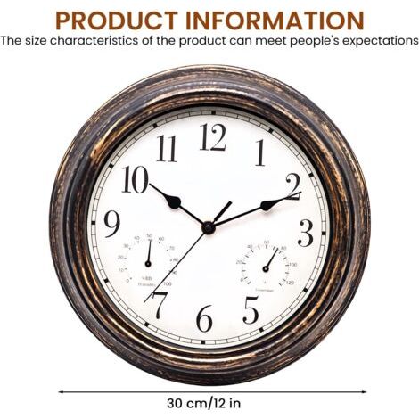 Reloj de pared vintage: impermeable, silencioso, retro, resistente a la intemperie, con termómetro e higrómetro, silencioso, sin tictac metálico, para dormitorio, sala de estar, cocina. (1/4)