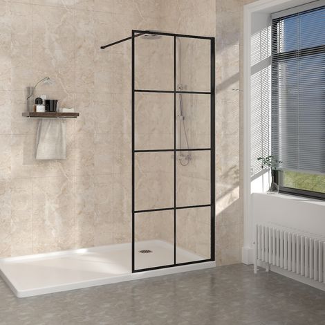 NRG Walk In Wet Room Shower Screen Enclosure Black Grid Glass Cubicle 900 x 1950mm (1/5)