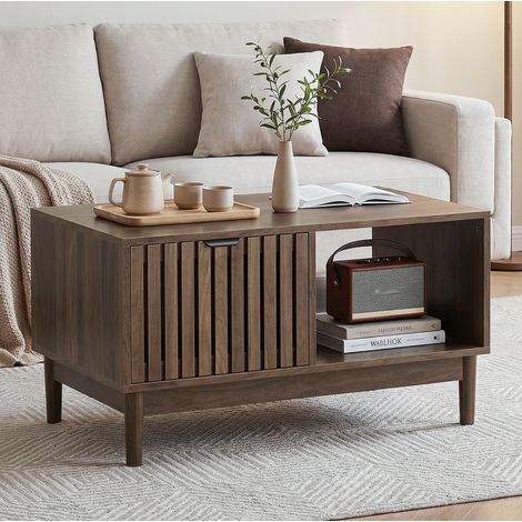 Table basse 80x50x45 cm noyer en MDF et bois massif avec niche, rangements ouverts et style moderne (1/5)