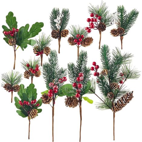 Paquete de 14 estacas navideñas artificiales, con diseños surtidos de pino artificial y bayas rojas, piñas y hojas de acebo para arreglos florales navideños y decoraciones de invierno. (1/4)