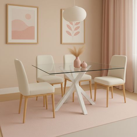 Mesa para comedor rectangular fija Md-Stacy acabado cristal/blanco, 140cm(ancho) 75cm(altura) 80cm(fondo). (1/4)