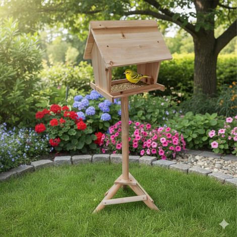 Vogelfutterhaus aus tannenholz mit hohem stander