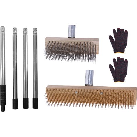 Brosse de pont en acier inoxydable avec manche long, tête inclinée 45°, idéale pour béton et terrasse, kit complet avec 2 têtes (1/5)