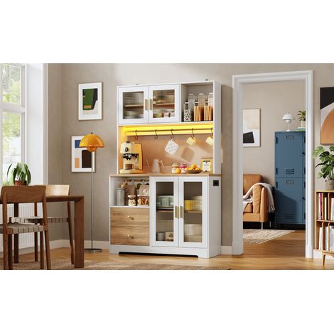 Meuble de cuisine blanc 178 cm en MDF avec LED et prise, portes en verre trempé et range-bouteilles pour cuisine et salle à manger (1/5)