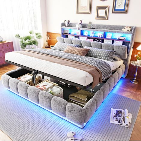 Letto imbottito 180/200 cm grigio con vano contenitore, LED e USB (1/5)