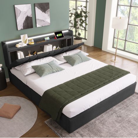 Lit double 160x200 cm gris en lin avec tête de lit de rangement, prises USB et LED (1/5)
