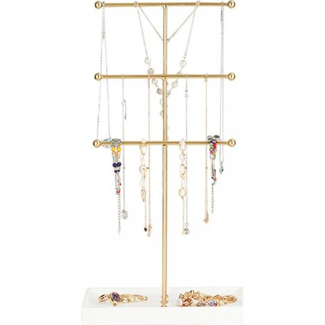 Arbre à bijoux Trigem - Présentoir extra haut pour colliers avec plateau intégré pour bagues, boucles d'oreilles, bracelets, montres et accessoires, 3 niveaux, métal, blanc/or (1/4)