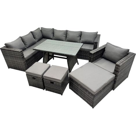 Fimous 10-seater Outdoor PE Rattan Sofa Set with Dining Table Patio Garden Furniture Sets with Chair 3 Stools Dark Grey Mixed (1/5)