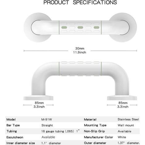 Barre d'appui de douche droite en acier inoxydable avec finition plastifiée, poignée de douche murale antidérapante, porte-serviettes, blanc 30 cm (1/4)