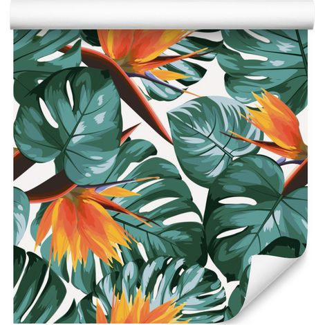 Papel pintado con estampado de hojas y flores tropicales para salón y dormitorio, 50x1000 cm. (1/5)