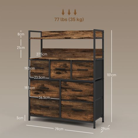 Bureau au design industriel en bois et acier (avec 7 tiroirs et 2 étagères), dimensions : 79 x 29 x 101 cm, marron et noir. (1/5)