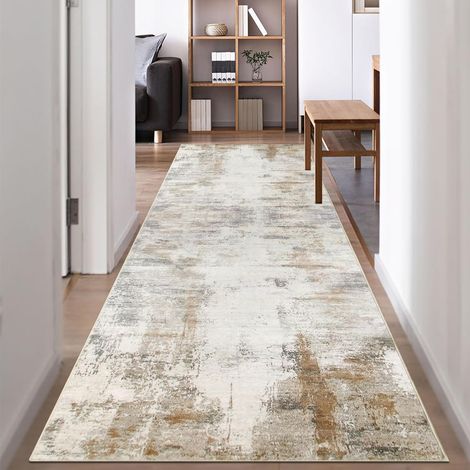 Tapis Couloir Long 80x300 Lavable en Machine Tapis De Couloir Antidérapant Doux Poil Ras Beige Moderne Abstrait Tapis Chambre Passage (1/5)