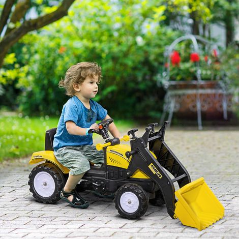 Chargeuse sur roues pour enfants. pelle mobile. klaxon. propulsion à pédales. à partir de 3 ans. châssis en métal. jaune. 114 x 41 x 52 cm