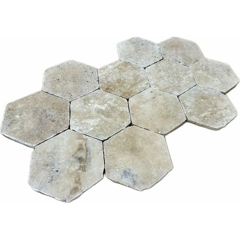 Faïence travertin crème 15x15x1,2cm hexagone – Vieilli – Pour revêtement mural et sol – 1 m² par boîte