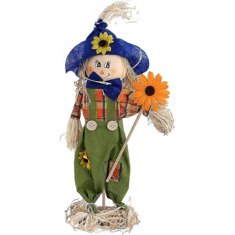 Décoration d'épouvantail sur pied en paille fleurie pour poupée, décoration de bureau pour Halloween, idéale pour une chambre de maternelle, bleue, 25-26 cm (1/5)
