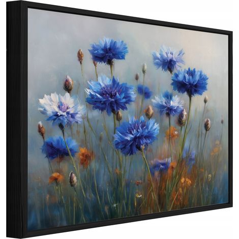 Tableau sur toile avec cadre noir – Fleurs bleues – 90 x 60 cm (1/4)