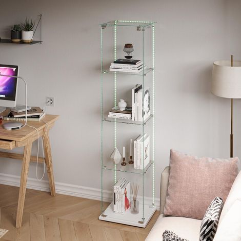 Vitrine 39,8x35x163 cm, Sammlervitrine mit 4 Ebenen, 1 Tür, LED-Beleuchtung und Schloss, Hartglas und Metall, Weiß