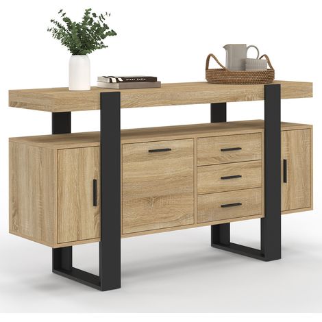Sideboard 140 cm PHOENIX 3 Türen und 3 Schubladen Holz und Schwarz