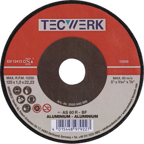 Disco de corte ALU D125x1,6mm recto para aluminio con orificio de 22,23mm TECWERK (1/2)