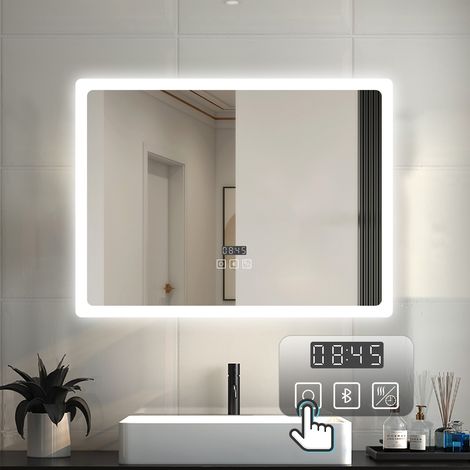 LED Badezimmer Spiegel mit Uhr Bluetooth Beschlagfrei Badspiegel mit Speicherfunktion Warm/Neutral/Kaltweiß Dimmbar CE IP44 80x60cm (1/5)