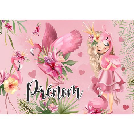 Papier peint panoramique enfant avec prénom personnalisable - Princesse Flamants Roses - 130 cm x 92 cm (1/2)