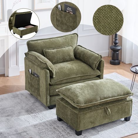 Grand fauteuil moderne avec repose-pieds, fauteuil en chenille avec poches latérales et coussins, fauteuil de lecture confortable pour salon, chambre et appartement (chenille vert olive)
