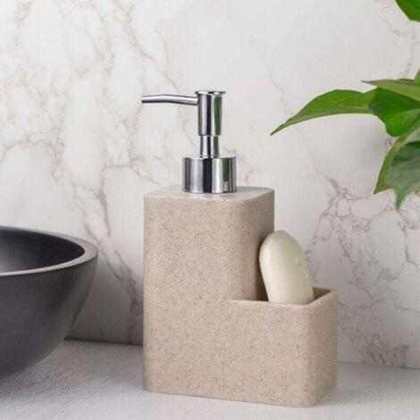 Distributeur de savon à vaisselle pour les fêtes, distributeur de savon, résine de qualité supérieure avec surface douce au toucher, compartiment éponge, 11 x 17,8 x 7 cm, couleur sable (1/2)