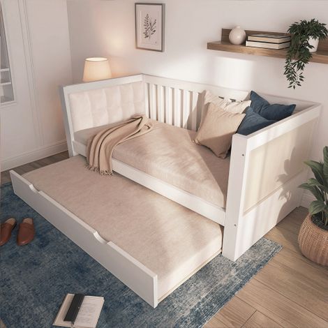 Divano letto 90x190 cm con letto estraibile 90x190 cm, design salvaspazio, in legno, bianco, ideale per piccoli appartamenti o camere per gli ospiti, base a doghe, facile da montare (materasso non inc (1/5)