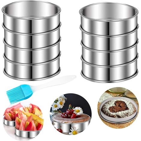 Circle Tart 8 Pieces Stainless Steel 304 Circles for Baking Foam Rings with Silicone Brush Silver (8 x 1 cm) (1/5)