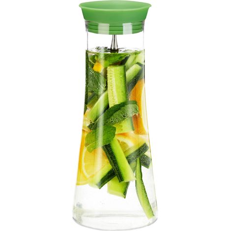 4x Transparent Cylindrical Glass Decanter 1L, Stainless Steel Carafe with Pourer, Fine Crystal Glass
