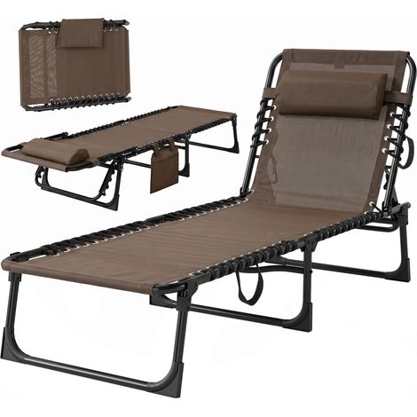 Chaise longue pliante coussin cervical acier tissu mesh 120 kg marron