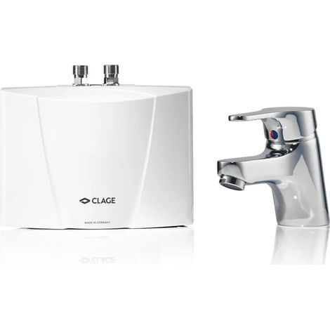 CLAGE M-END, Scaldabagno istantaneo elettronico piccolo con rubinetto per lavabo non pressurizzato, idraulico, 3.5 kW / 230 V, 1500-17243