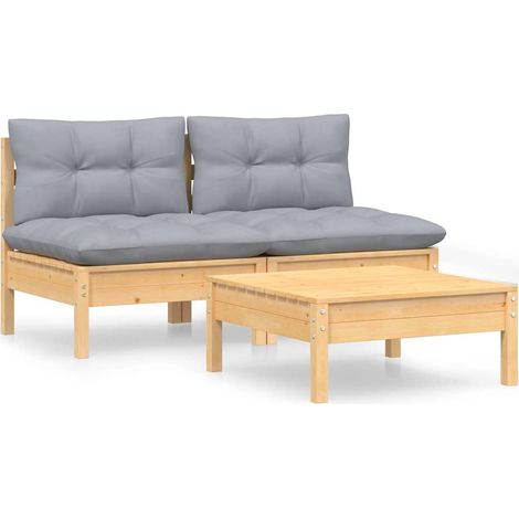 Set Divani da Giardino 3 pz  Salotto da Giardino con Cuscini Grigi Massello di Pino (1/5)