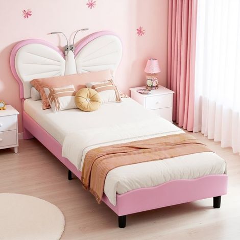 Bett Kind 90x190 cm mit Lattenrost und Leselampe, Mädchenbett, Einzelbett 90x190 cm, Kopfteil in Schmetterlingsform