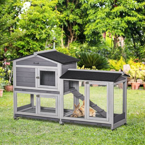 Clapier bois pour petit lapins enclos animaux villa pour lapin sur roulettes 2 étages 3 plateaux coulissants 157.4 x 53 x 99.5 cm gris (1/4)