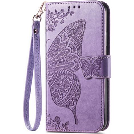 Custodia protettiva per iPhone 14 Plus, con design a portafoglio in pelle, supporto integrato, scomparti per carte e cinturino da polso removibile, decorata con un delicato motivo a farfalla. (1/2)