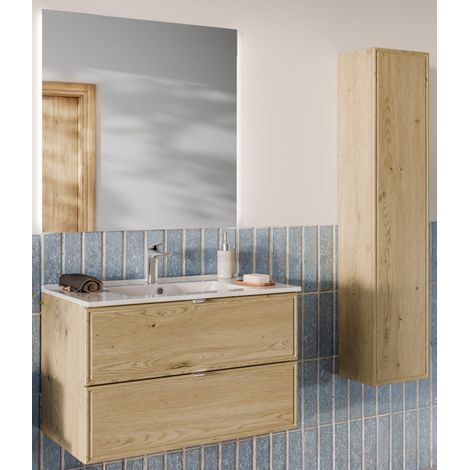 Ensemble Complet Meuble Vasque 80 cm + Vasque + Miroir LED + Colonne - L 80 x P 46 x 51,5 cm - Caldera Clair - Livraison gratuite