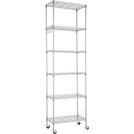 1 - Étagère Métallique - Rack de Rangement - 6 Niveaux Réglables avec Roulettes et Crochets pour Cuisine Salle de Bain Garage Argent 60x35x180cm