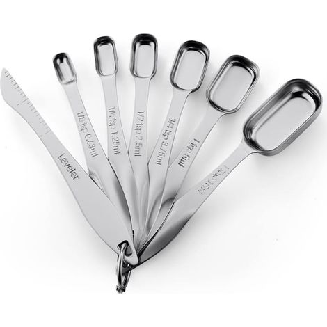 Set di 7 cucchiai dosatori in acciaio inox con livellatore, cucchiaini da tè e cucchiai da tavola rettangolari in metallo (1/5)