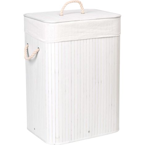 Cesta de bambú con tapa, 80 L, 1 compartimento, color blanco.