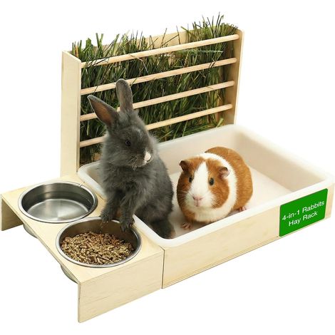 Rabbit Hay Feeder with 2 Bowls, 4 in 1 Birch Colour (1/5)