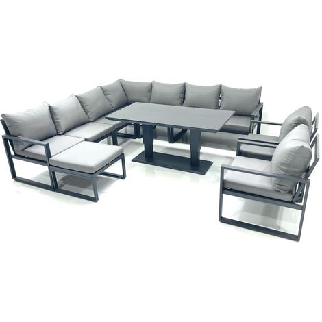 Fimous 10 Seater Outdoor Aluminum Garden Furniture Set Corner Sofa Big Footstool 2 Chairs Adjustable Rising Lifting Dining Table Sets Dark Grey (1/5)