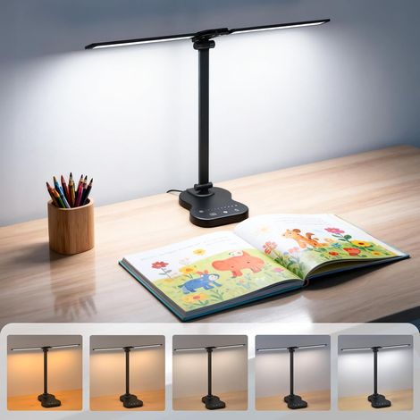 Schreibtischlampe, LED-Tischleuchte mit Netzteil, 5 Beleuchtungsmodi, 10 Helligkeitsstufen, Touch-Bedienung, automatischer Timer, dimmbare Schreibtischlampe zum Lesen und Lernen – Schwarz